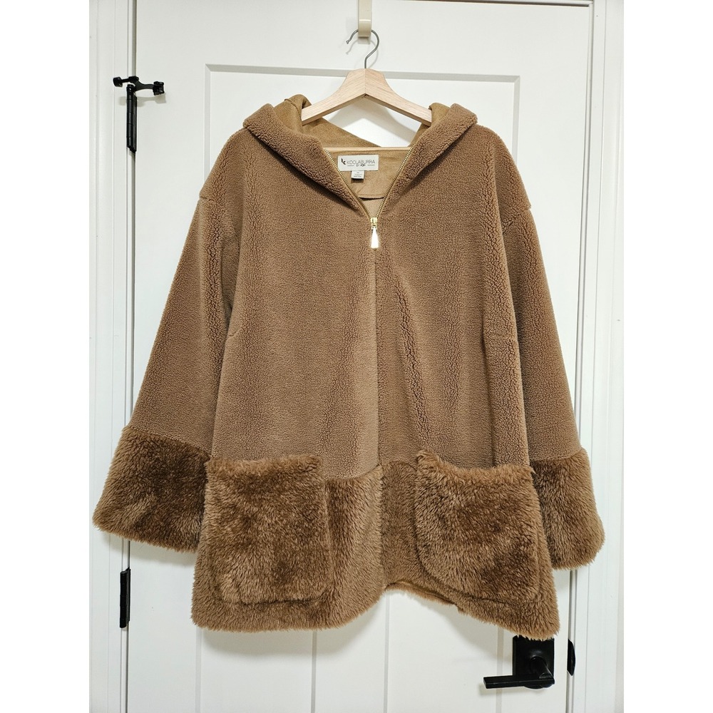 Koolaburra by UGG Womens 1X Teddy Sherpa Jacket Faux Fur Hooded Brown Coat